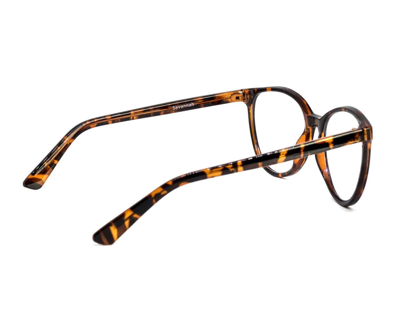 Side view of Savannah, cat eye, fashionable, designer, demi, brown, women's blue light blocking frames and glasses.