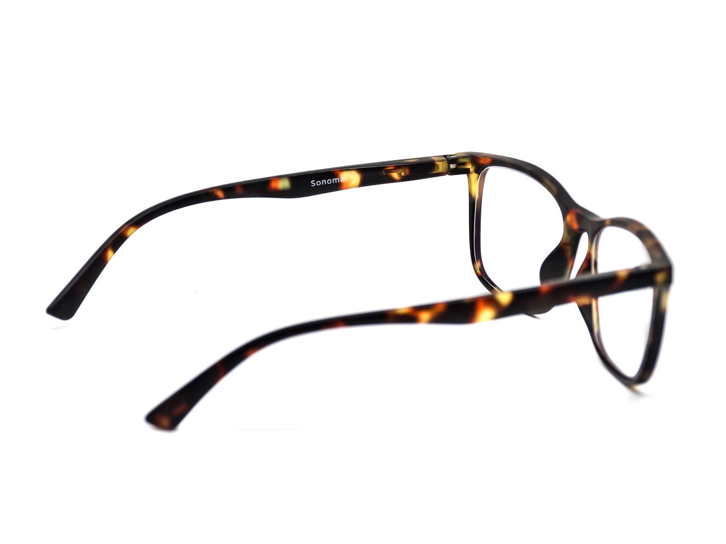 Side view of Sonoma men's fashionable brown demi professional blue light blocking frames and glasses.  