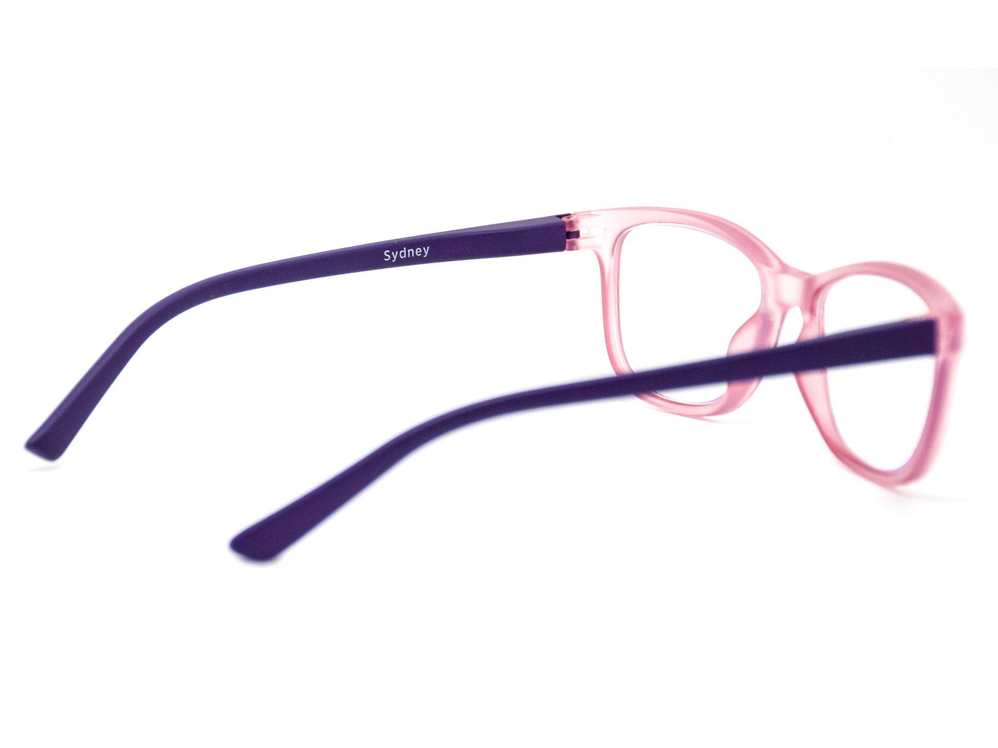 Side view of Sydney kids pink cute protective blue light blocking girl's glasses and frames.