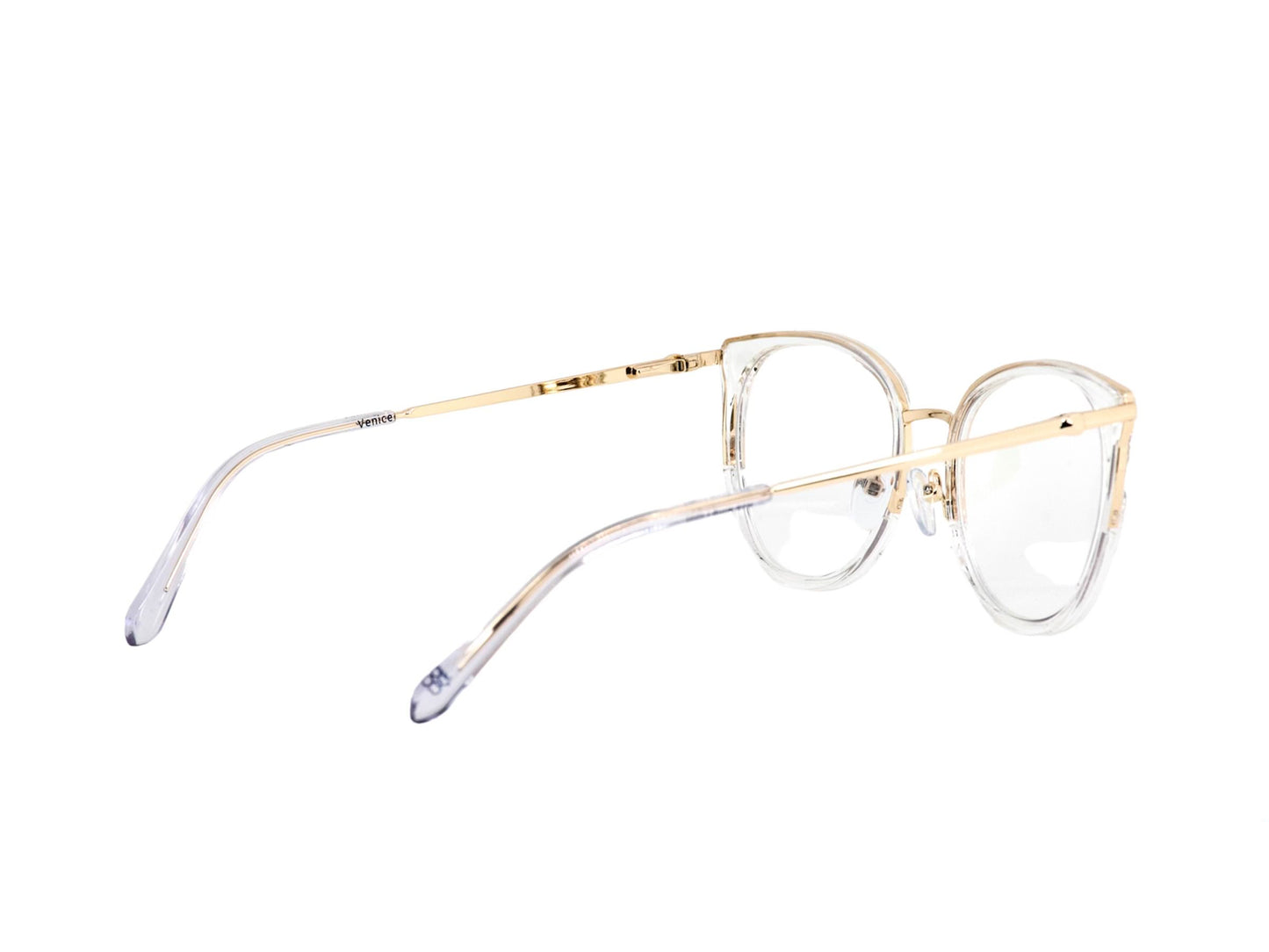 Side view of Elegant, fashionable, clear Venice women's blue light blocking frames and glasses.