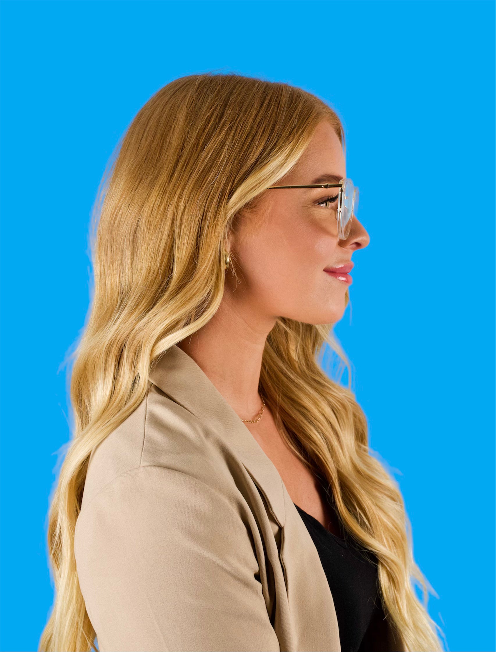 Side model Elegant, fashionable, clear Venice women's blue light blocking frames and glasses.