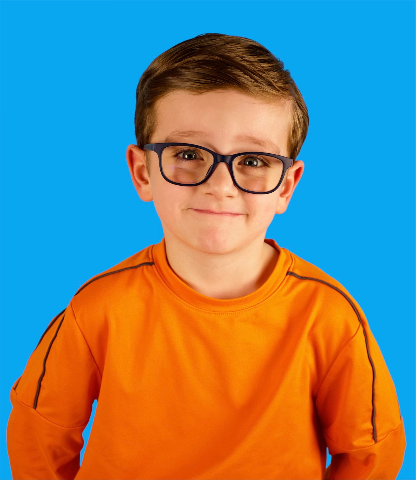 Model view of Orlando Kids, children's, cute, fashionable, blue, blue light blocking glasses with protective frames.